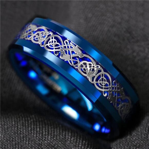 Men's Wedding Band Ring - Blue Celtic Dragon Carbon Fiber - Wedding Rings - Picture 5 of 6